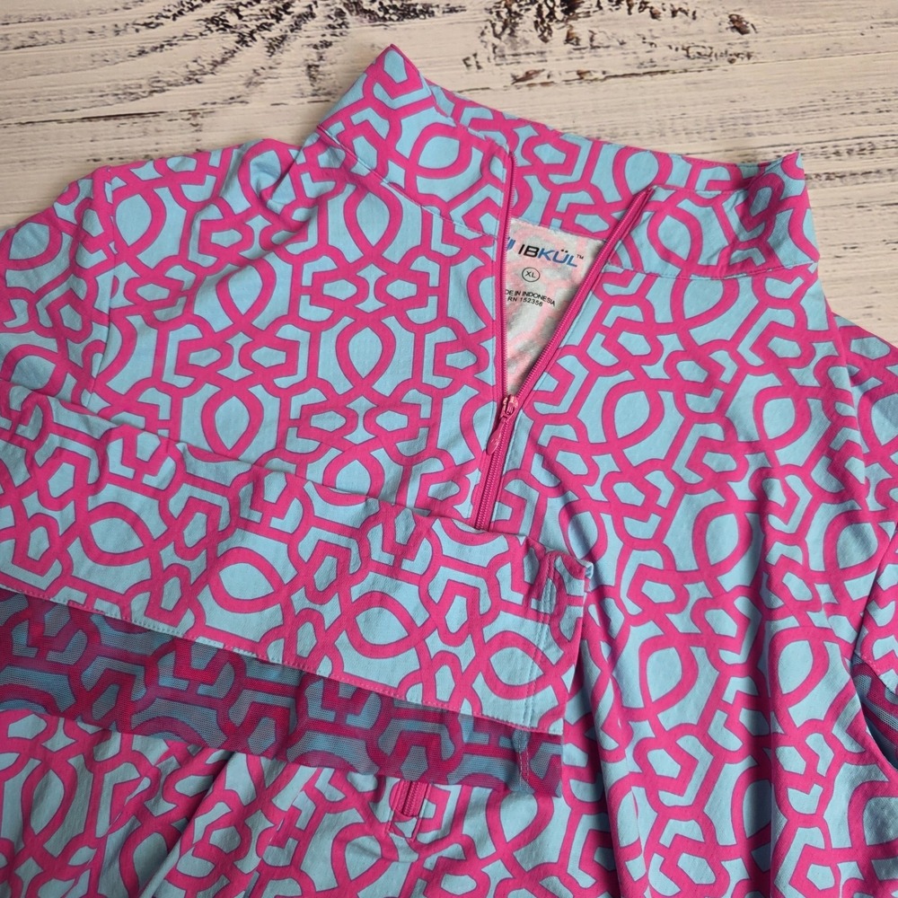 IBKUL Womens Adjustable Long Sleeve Zip Golf Mock Neck 1/4 Zip XL Pink Turquoise